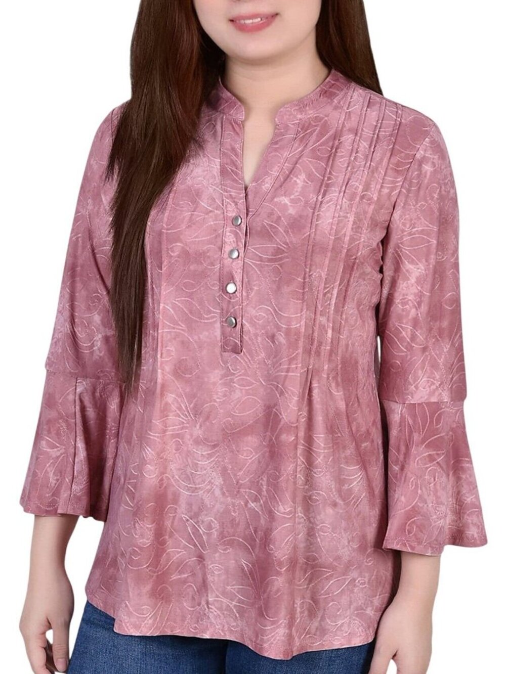 NWT Ny Collection 3/4 Bell Sleeve Pleat Front Y-Neck Top MNKU2046 Mauve Pink M